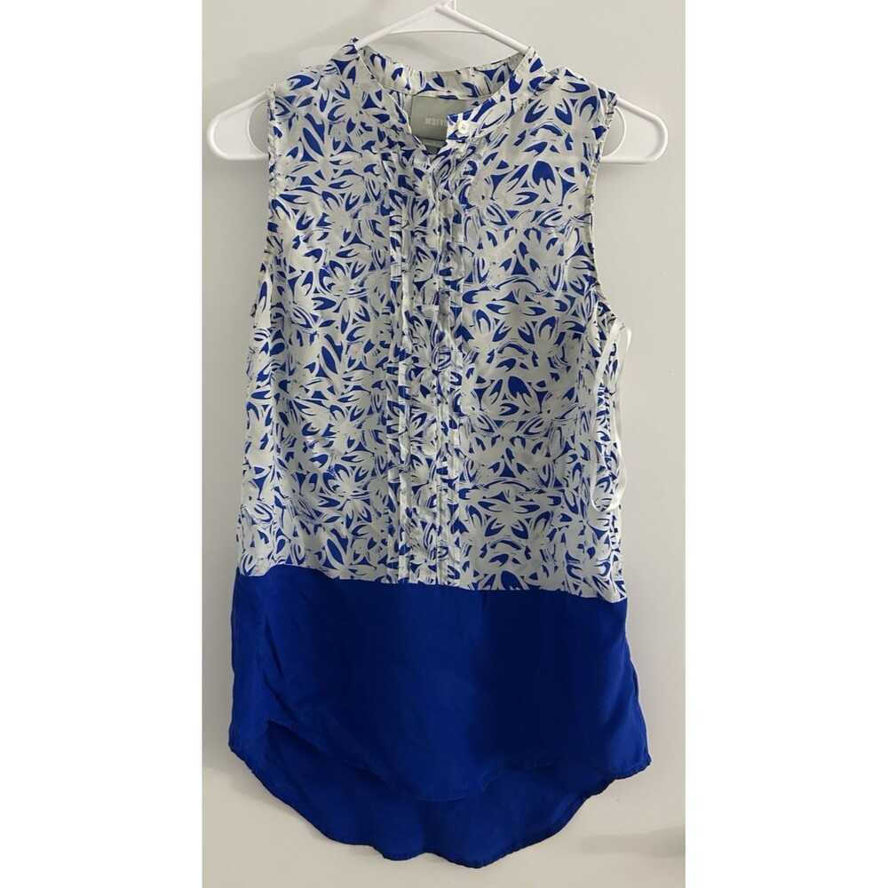 Maeve Anthropologie Blue Silk abstract  High-Low 100% Silk Tunic Top 4 preppy